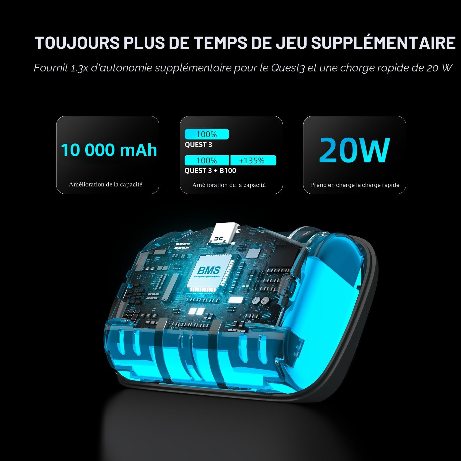 BOBOVR B100 Batterie de Remplacement 10000mAh pour S3 Pro, Accessoires de Batterie Hot-Swap, Connecteurs Magnétiques, Double Puissance de Batterie