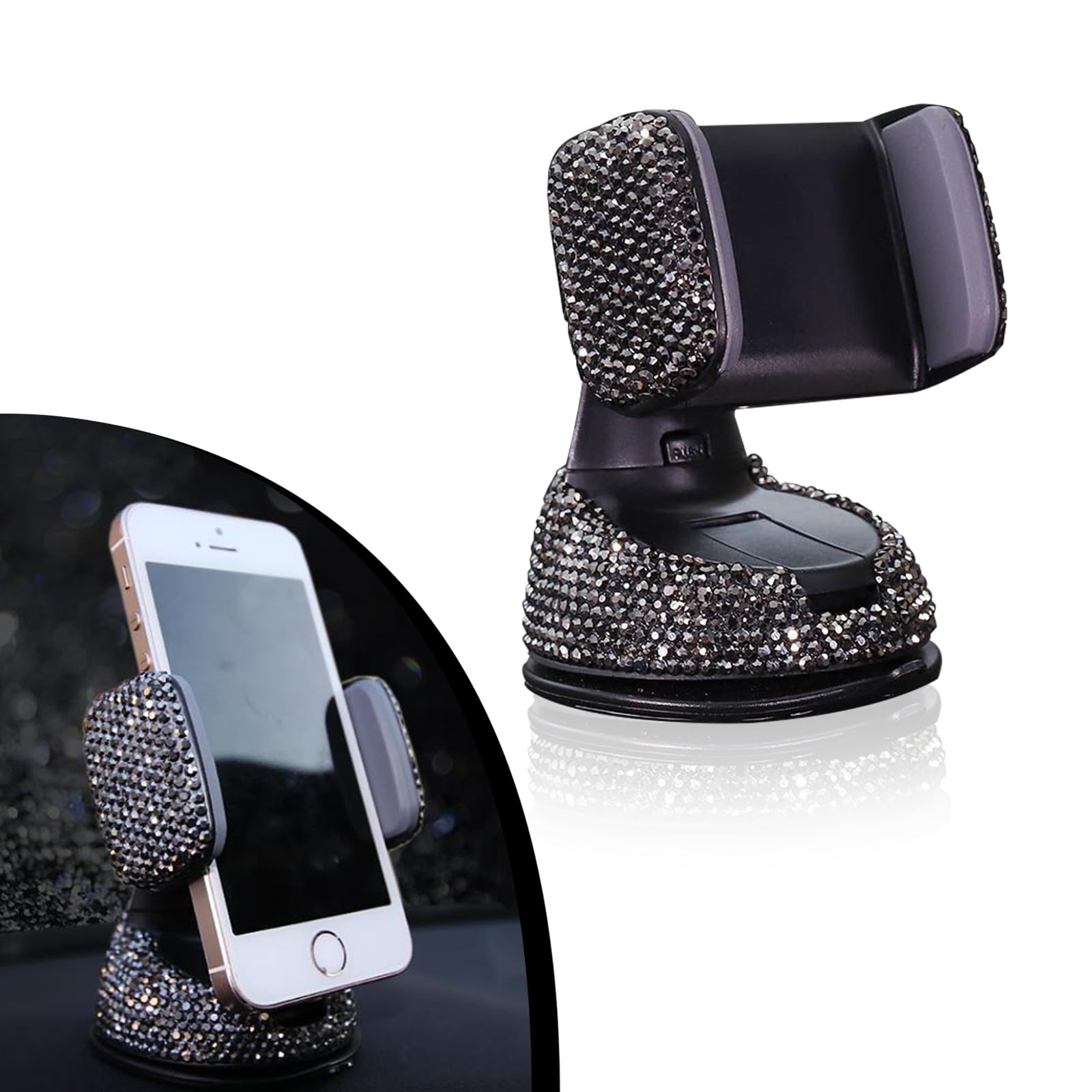 Fogfar1 PC Bling Car Cell Phone Holder, 360° Adjustable Rhinestone Windshield Air Outlet Dashboard Multi-Function Holder, Strong Suction Cup Navigation Bracket, Universal for iPhone (Black)