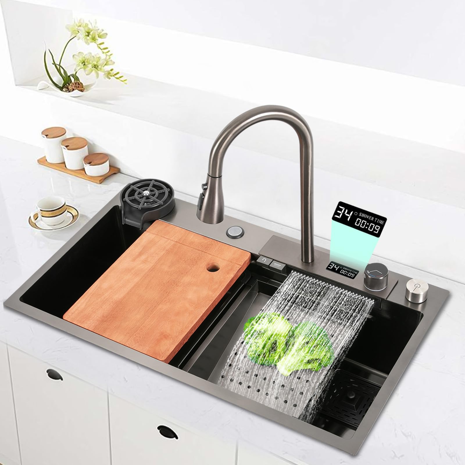 80 * 46 * 20 cm Küchenspüle Wasserfall-Spülbecken Küchenspülen Digitalanzeige Wasserfall-Spüle multifunktionalem Edelstahlspüle Mit Küchenarmaturen