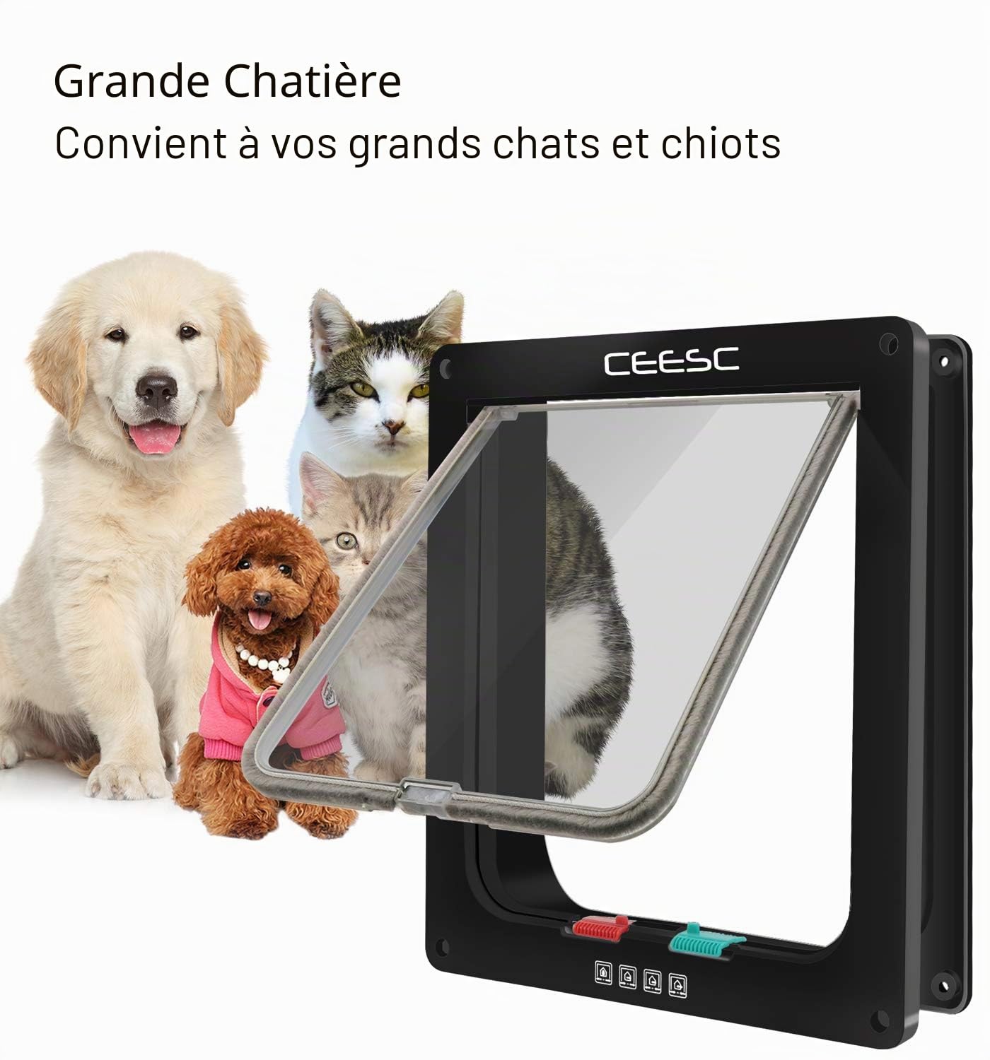 CEESC Grande chatière (Taille extérieure 28cm x 24.9cm), Verrouillage à 4 Voies Chatière pour Chats et Petits Chiens de circonférence <63cm, Facile à Installer et à Utiliser