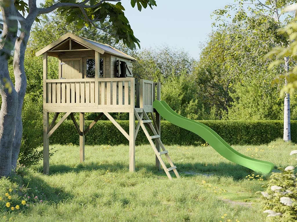 Prestige Garden Stelzenhaus Funny XXL Grün 285 x 188 x 303 cm, Kesseldruckimprägniertes Garten Spielhaus mit Rutsche, Veranda und Balkon, Fingerklemmschutz, Stabiles Holz Spielgerät für Kinder, 0 x...