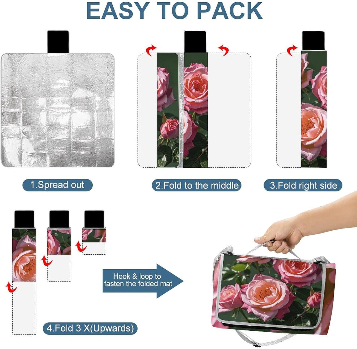 Outdoor Picnic Blanket Extra Large Beach Blanket Waterproof Picnic Mat Elegant Rose Camping Blanket Portable with Carry Strap Park Blanket for Grass Camping Park