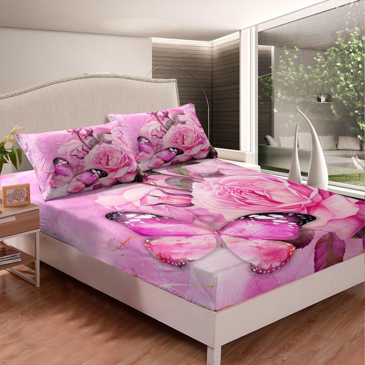 jejeloiu Pink Rose Floral Sheet Set King Size Couple Butterfly Sheets with Deep Pocket Fitted Sheet for Lover Blossom Flowers Romantic Floral Bed Sheets Set Botanical Valentine's Day Bedding Set
