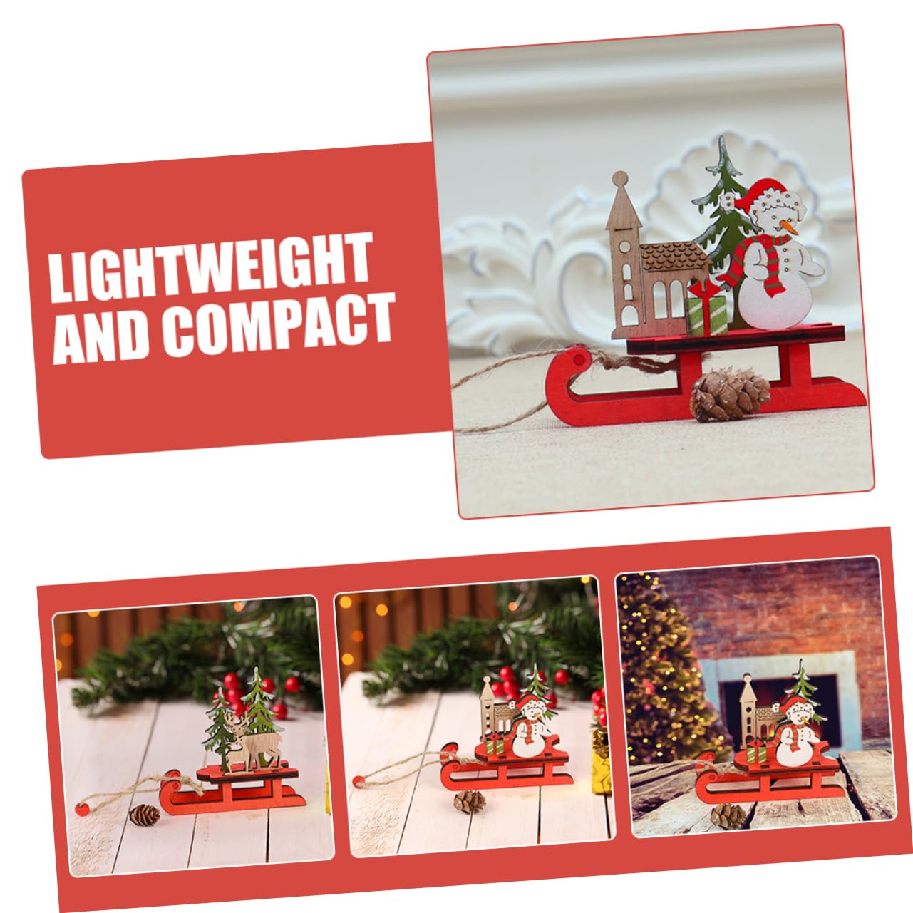 Garneck 3pcs Wooden Christmas Sleigh Miniature Sleigh Xmas Hanging Mini Sled Ornament Santa Ornament Santa and Christmas Xmas Pendants Boxwood - Image 3