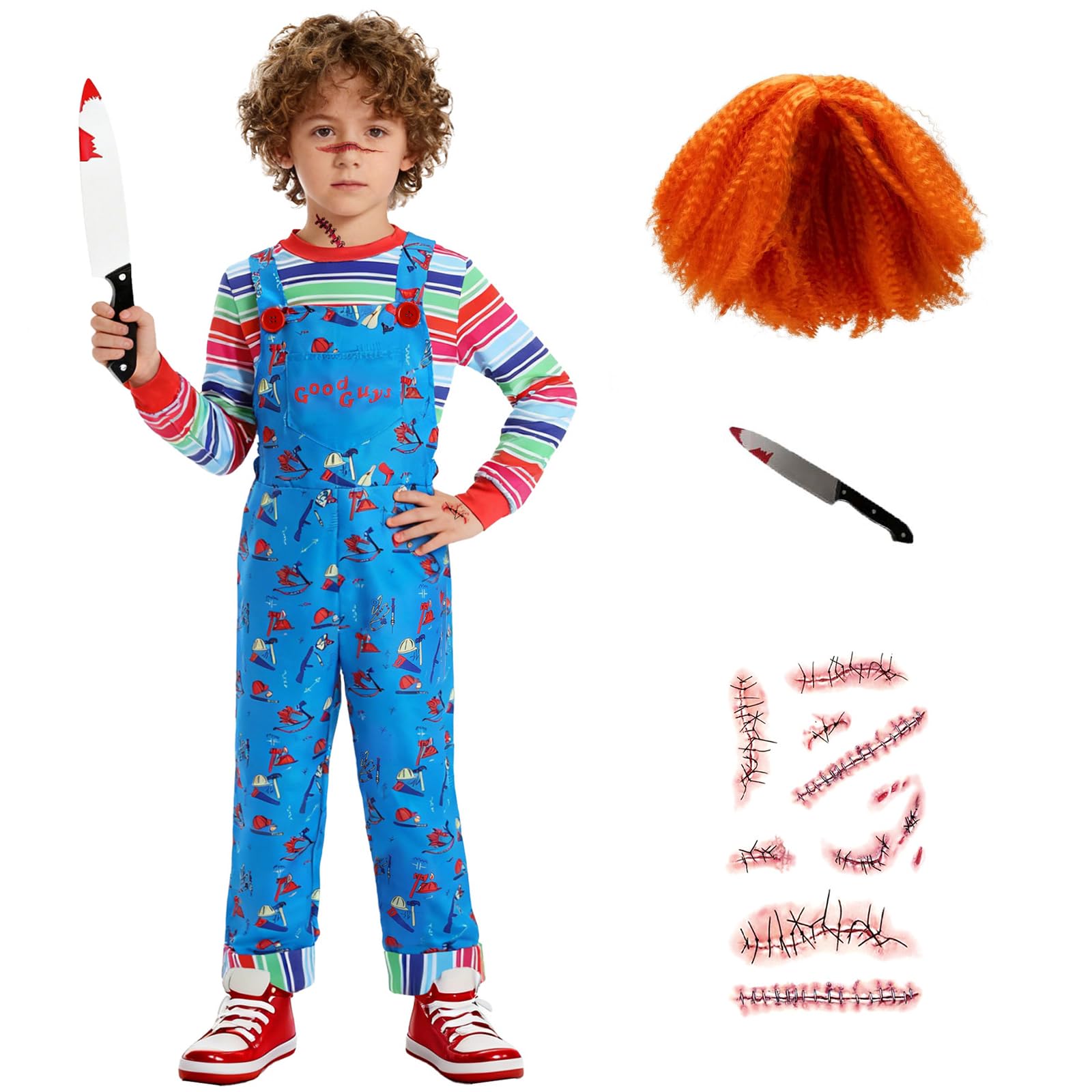 Makoike Kids Creepy Doll Costume Killer Outfit Wig Jumpsuit Stripe Tops Halloween Costume Carnival Cosplay Props