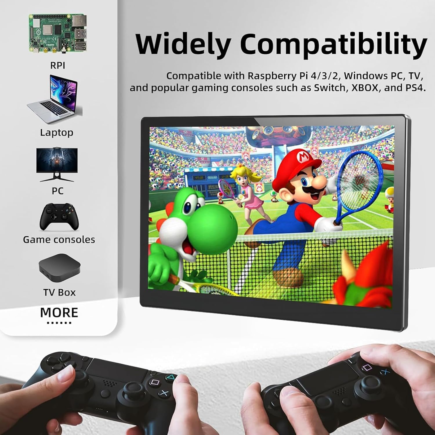 7 inch monitor displaying a game, with game controllers in the foreground, emphasizing compatibility with gaming consoles.