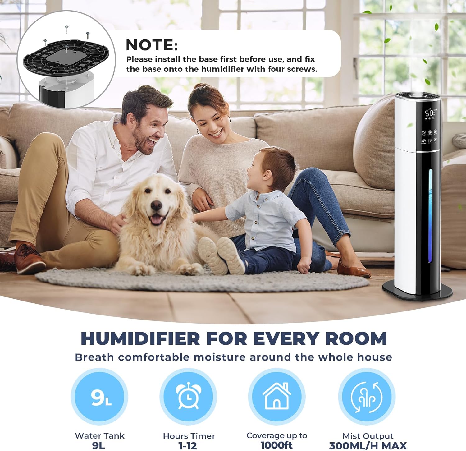 Humidifiers for Bedroom, 9L/2.4Gal Top Fill Humidifier, Large Room Cool Mist Humidifier for Home Plants and Office Basement Whole House with Remote Control Timer, Auto Shut Off