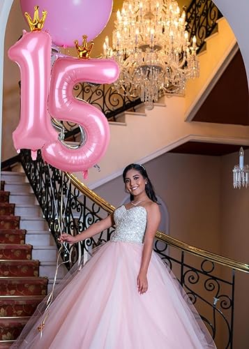 Miniatura 6 de Globo rosa con corona de 40 pulgadas con número 4, globo grande unido de papel de aluminio rosa bebé Mylar con dígito de helio 4 para niña,