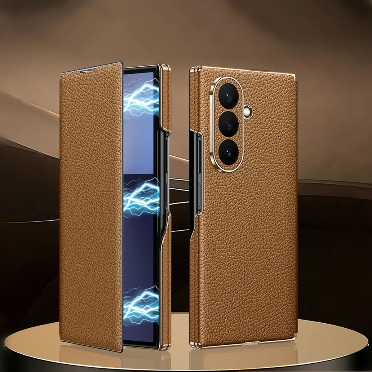 Generic case Compatible with Samsung Galaxy Z Trifold (Couleur : Brown) Genuine Leather Flip Cover Full Case Premium