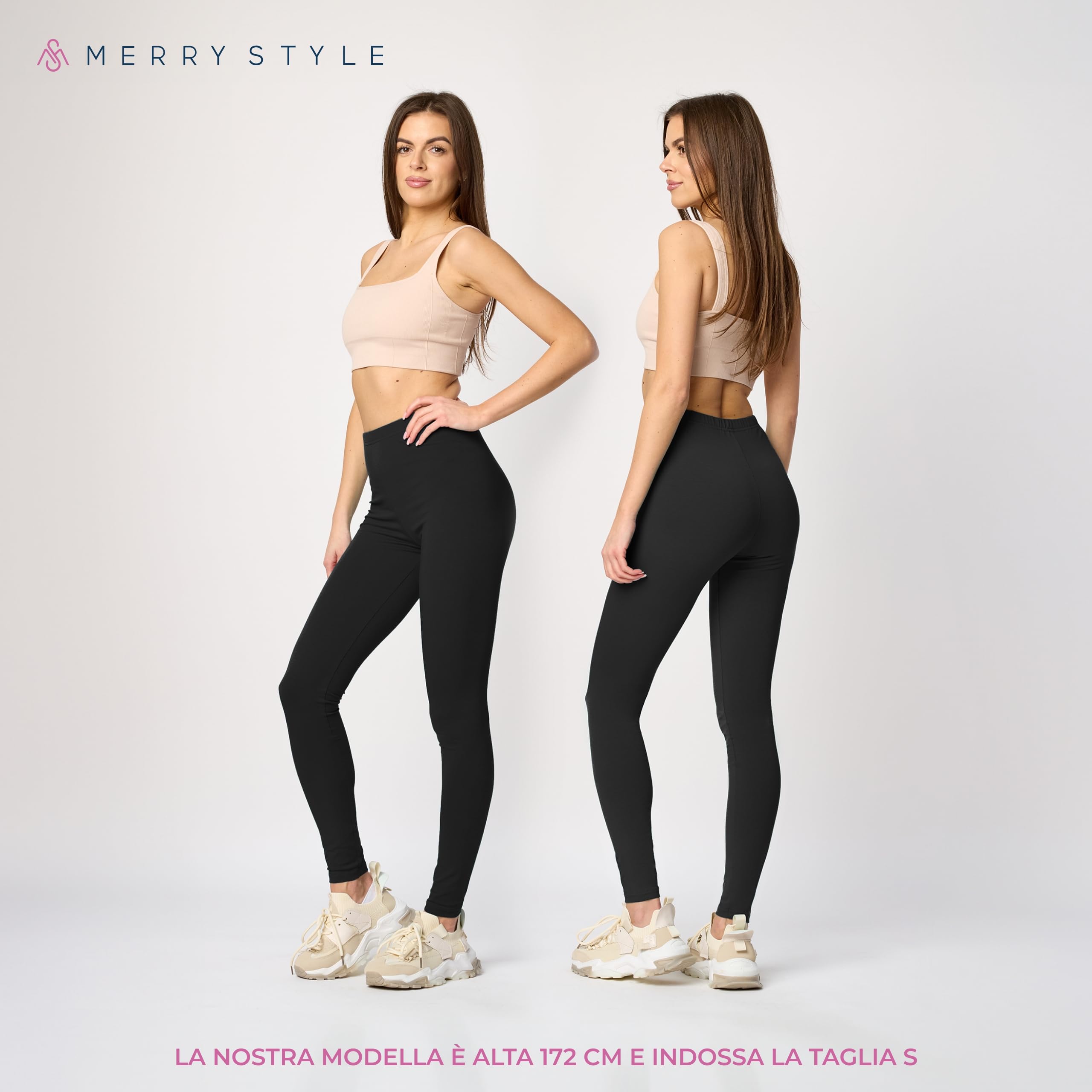 Merry Style Lunghi Leggings Fuseaux Sportivi da Donna Pratico Modello a Vita Alta in Cotone Naturale MS10-198