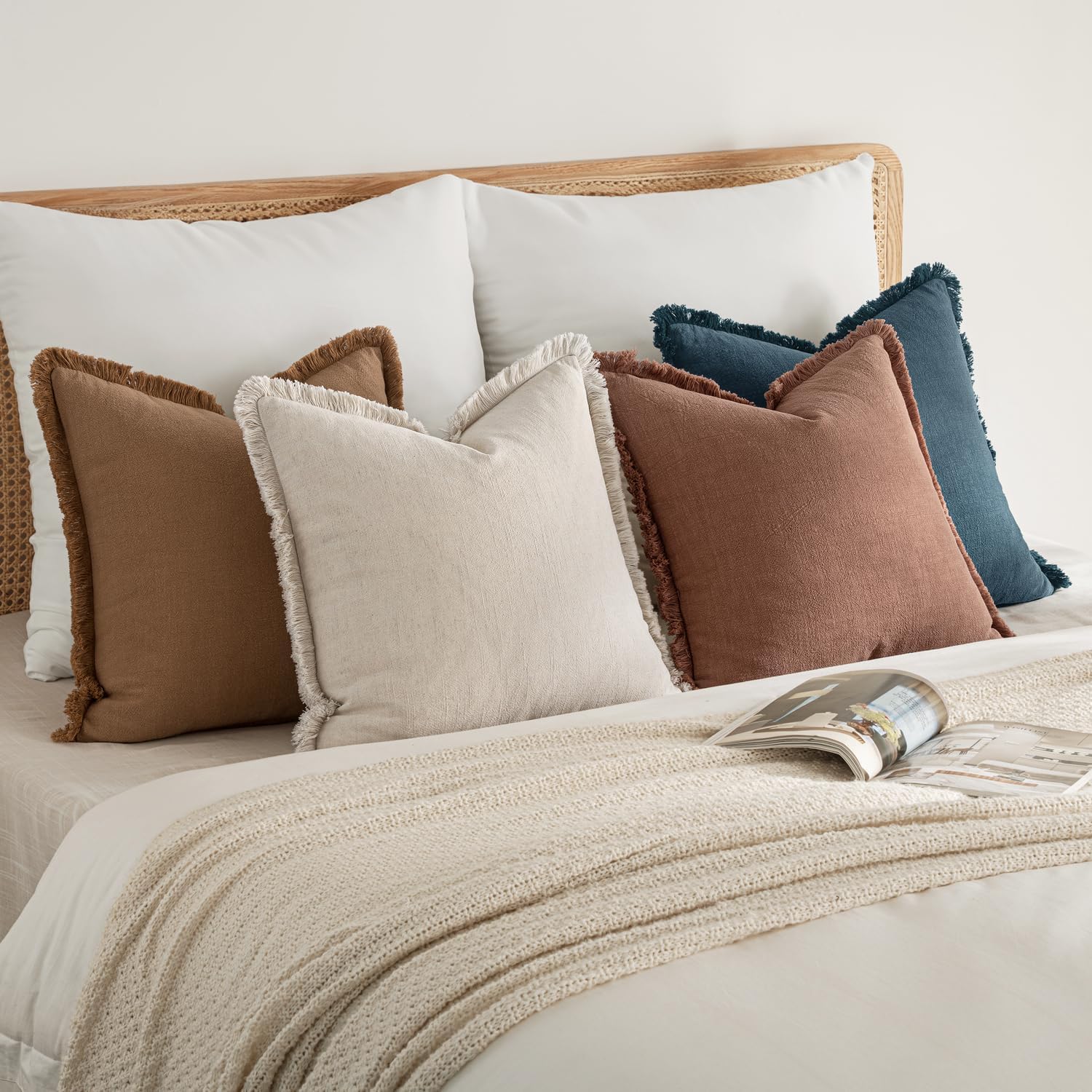MIULEE Decorative Couch Pillow Covers Neutral Linen Fringe Throw Pillows Set of 4 Modern Rustic Cushions Boho Farmhouse Pillowcases for Bed Sofa Living Room Spring Decor 18x18 Inch Beige/Brown/Blue - Image 5
