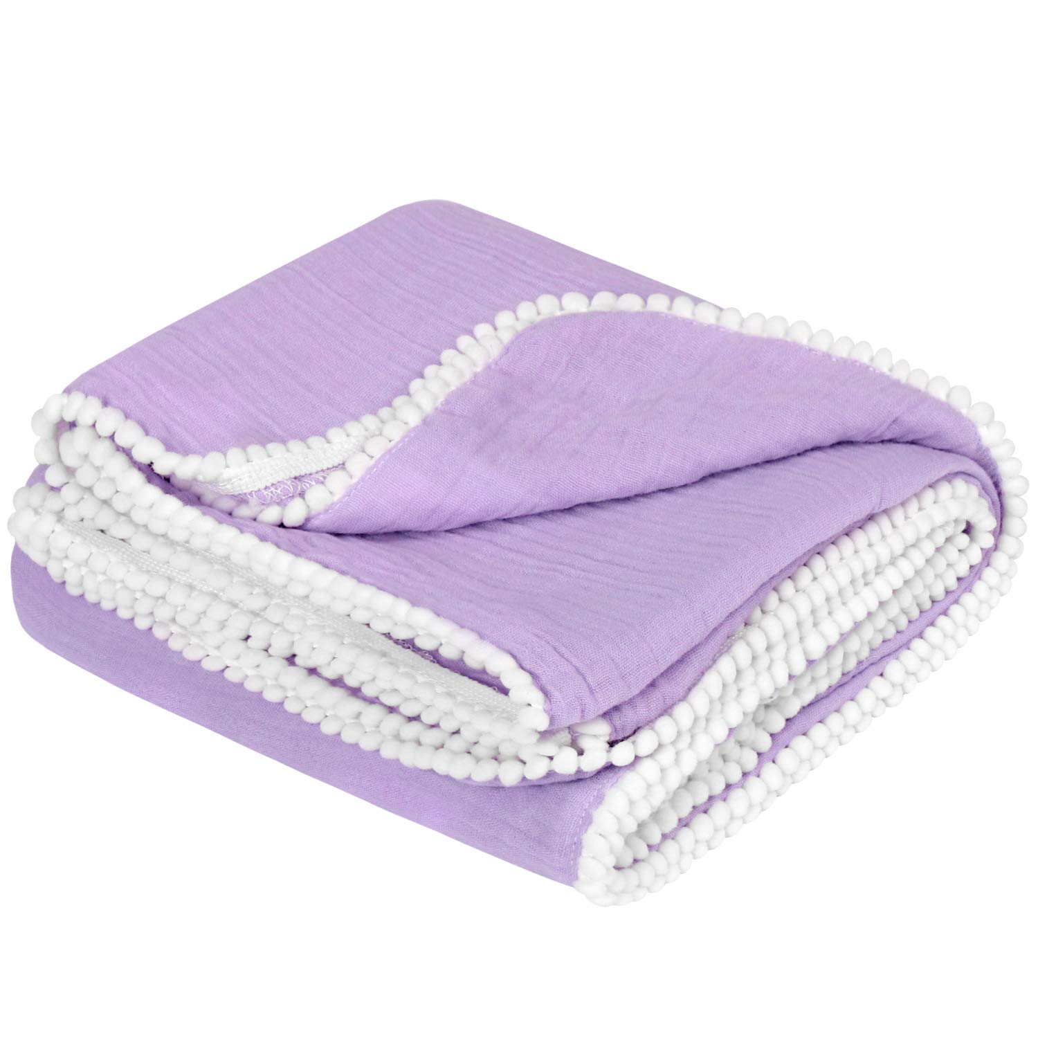 TILLYOU Organic Muslin Swaddle Blanket for Infant, Newborn, Toddler, 100% Soft Cotton Swaddling Receiving Blanket with Pom Pom, Large Lightweight Baby Wrap Blanket, 47x47 Purple