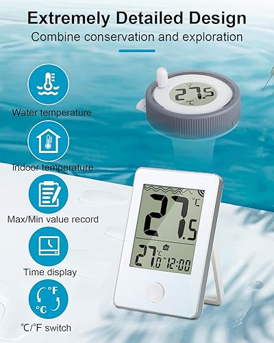 Miniatura 3 de Termómetro digital para piscina al aire libreinterior, inalámbrico, flotante, fácil lectura, IP67, impermeable, con monitor de temperatura para