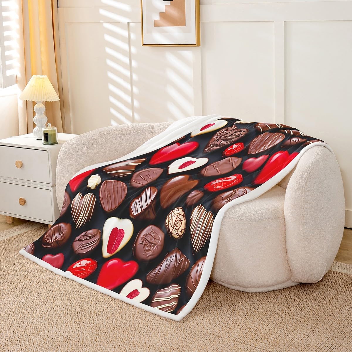 Feelyou Chocolate Print Blanket for Woman Adults Lovers Delicious Dessert Fleece Blankets Candy Sweets Sherpa Blanket Romantic Valentine's Day Throw Blanket for Couch Sofa Fuzzy Blanket Throw 50"x60"