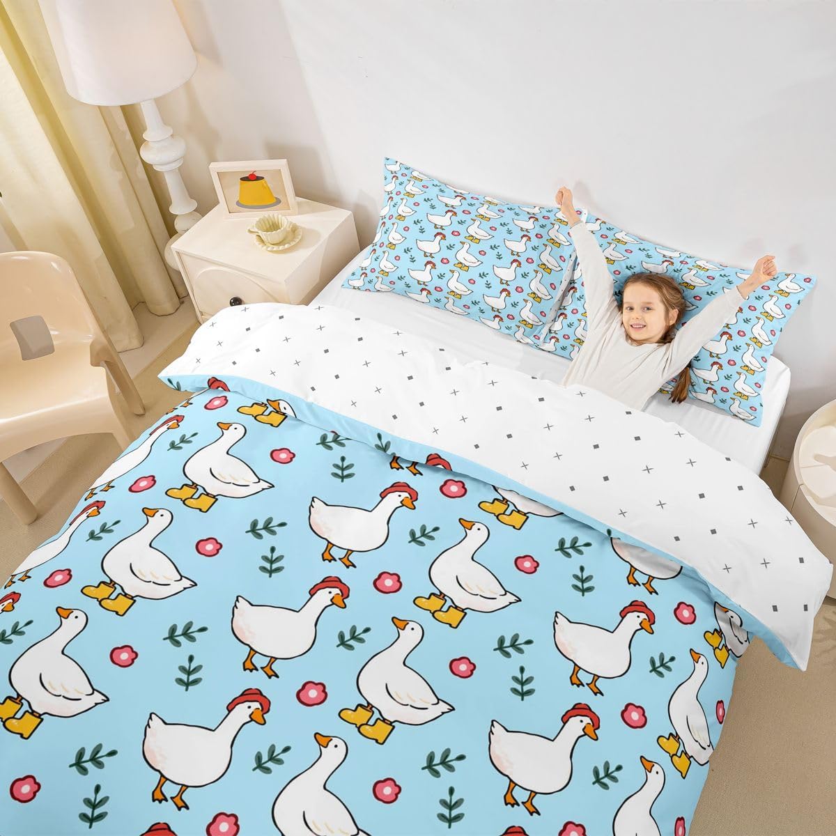 Goose Red Hat Rain Boots Floral Duvet Cover Set 1 Pillowcase 2Pcs Toddler image 5