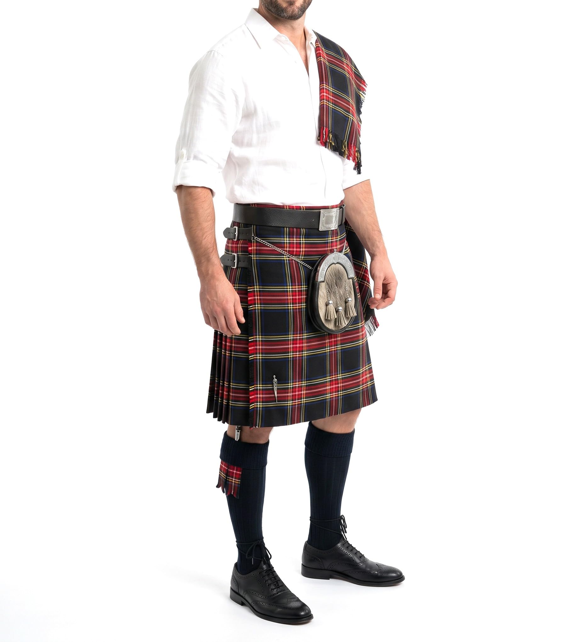 Tartan Tweeds Men's 8 Yard Wool Blend Kilt, 12oz Weight, Extra Deep Pleats, Standard Fit (UK, Waist, 32, Regular, Regular, Stewart Black)