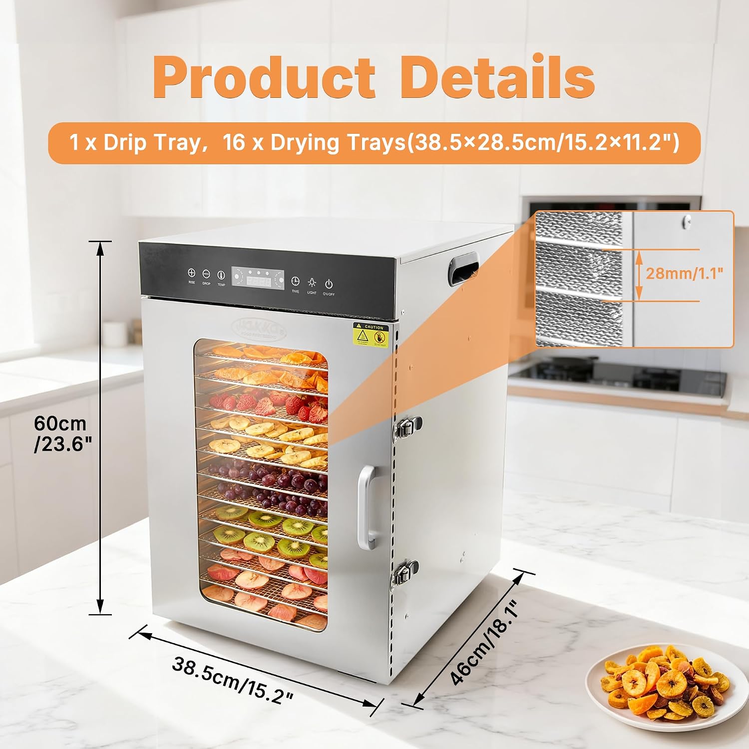 Hakka Food Dehydrator Machine, Stainless Steel 16 Trays Food Dryer Machine with Temp Control & 24H Timer for Jerky/Meat/Fruit/Herbs/Mushroom/Vegetable/Snacks/Pet Treats, 1350W