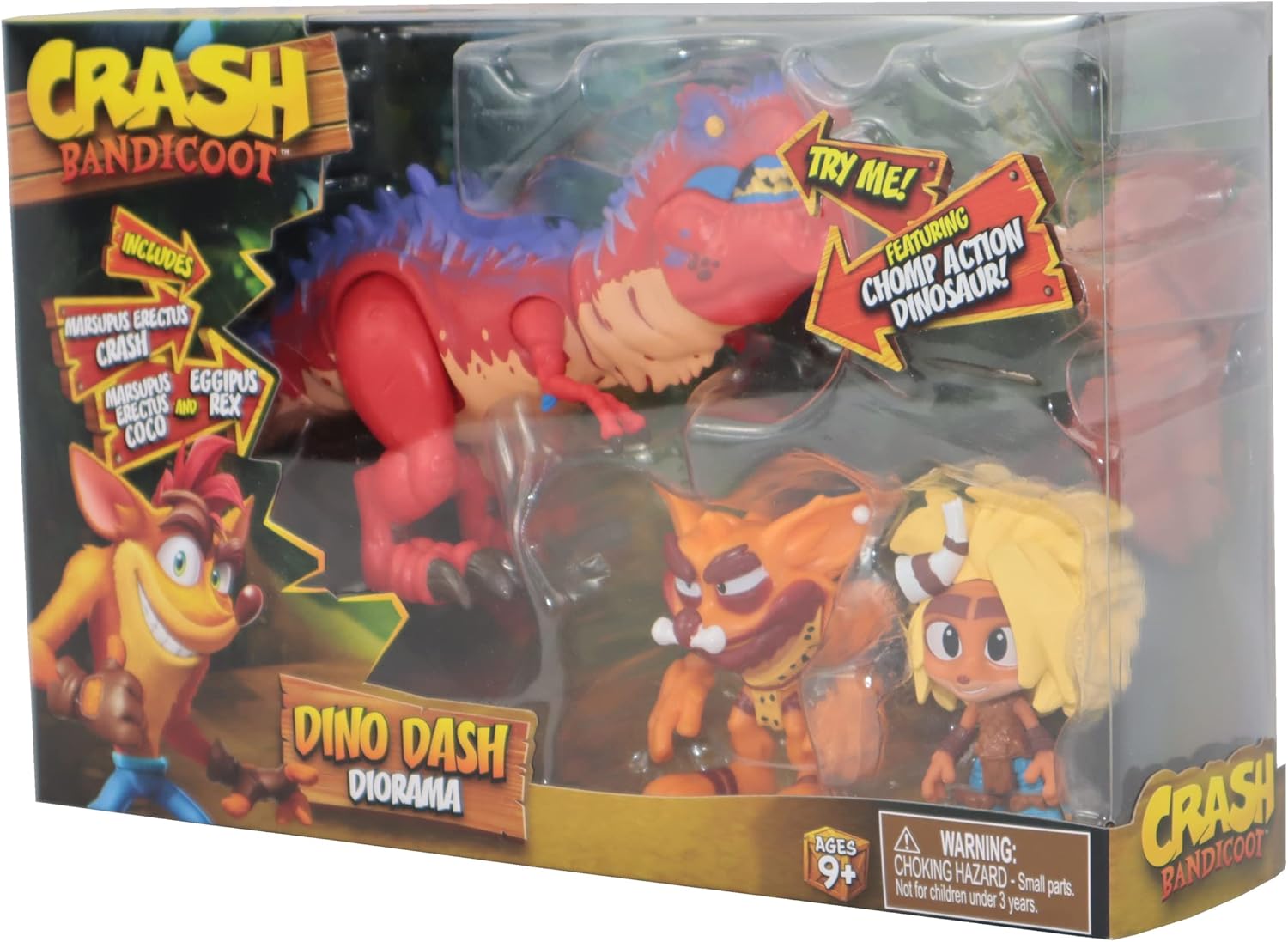Crash Bandicoot Bandai Dino Dash Diorama | Playset includes 2 collectible Crash and Coco 6cm figures and a Chomp Action dinosaur toy based on video games | Great Toy