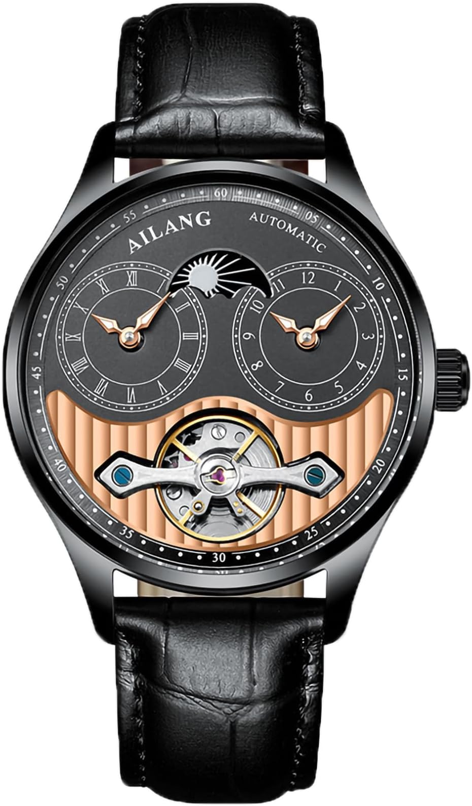 Men's Automatic Watch Dual Time Clown Moon Phase Ailang Series Watches (Black Rose Gold)