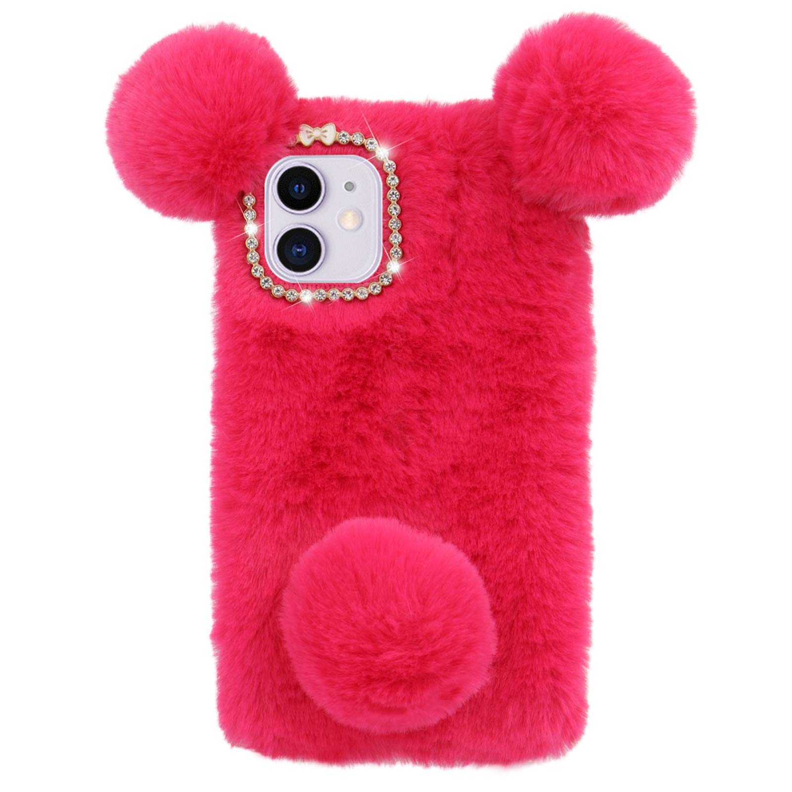 Panda Case for Samsung Galaxy S24 Ultra 5G,LCHDA Cute 3D Furry Hairball Ears Fuzzy Soft Faux Fur Winter Warm Fluffy Plush Flexible TPU Bumper Shockproof Protective Cover with Bling Diamond - Rose Red