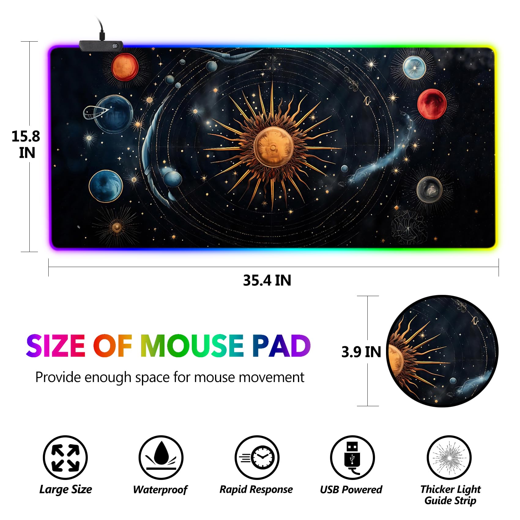 AIMSA Tappetino per Mouse Pad, per mouse da gioco a LED, con 14 modalità di illuminazione, base in gomma antiscivolo, per PC e laptop, motivo: sistema solare astratto