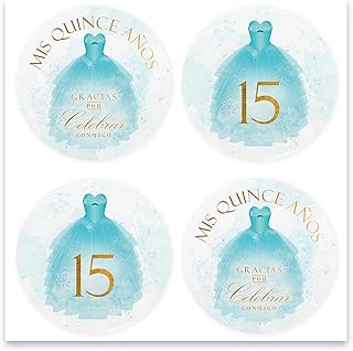 Mobiusea Creation Blue Quinceanera Stickers | 60pcs Gold Foil Effect Mis Quince Años Stickers | Recuerdos para 15 Años for Party Favors, Treat Bags & Giveaways