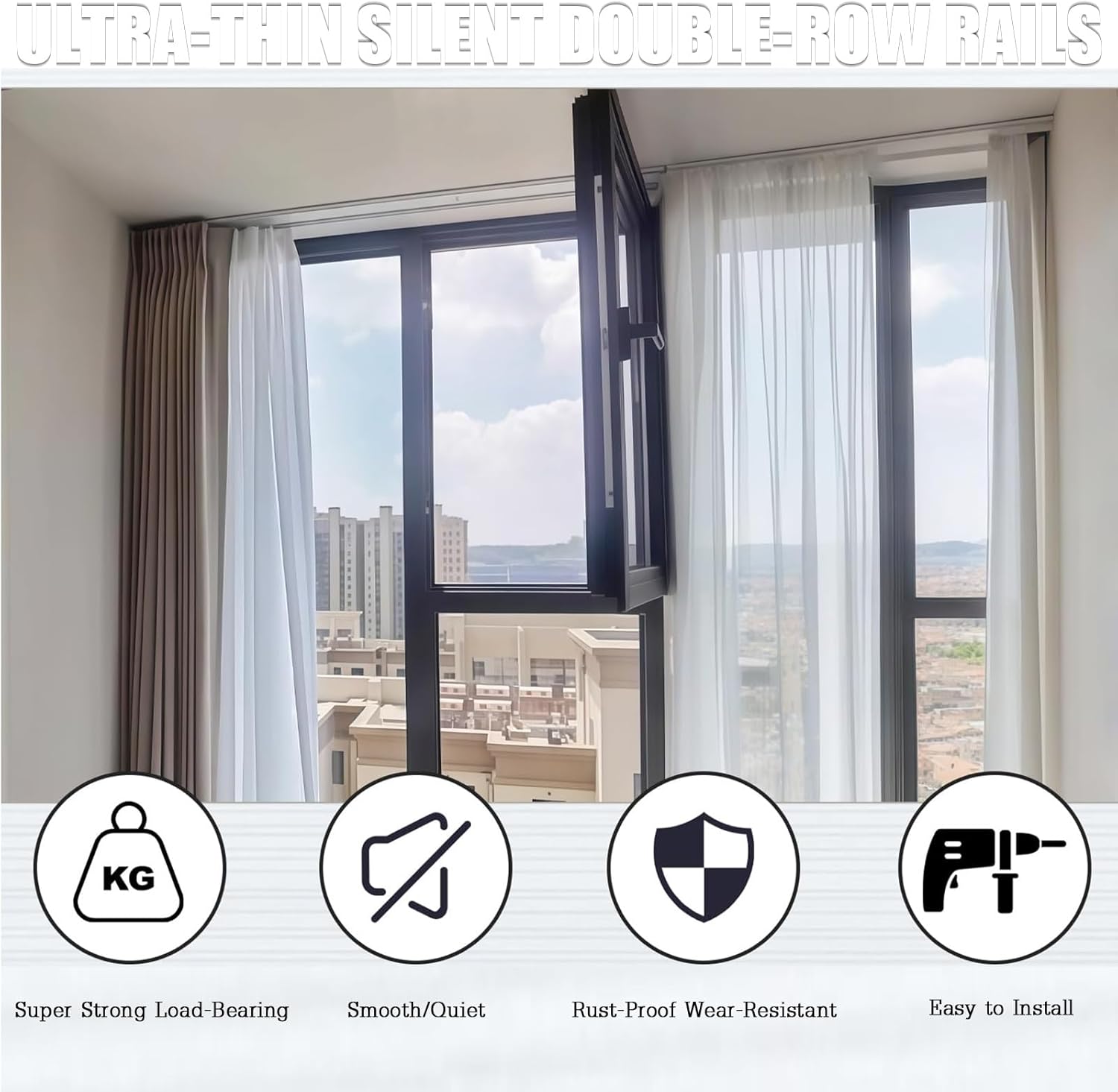 Double Ceiling Curtain Track with Smooth Gliding Aluminum Rails, Adjustable Hooks & Noise-Free Design, Ideal for Studio, Room Divider, Window Wall or Office Use(4.1m(13.5ft))