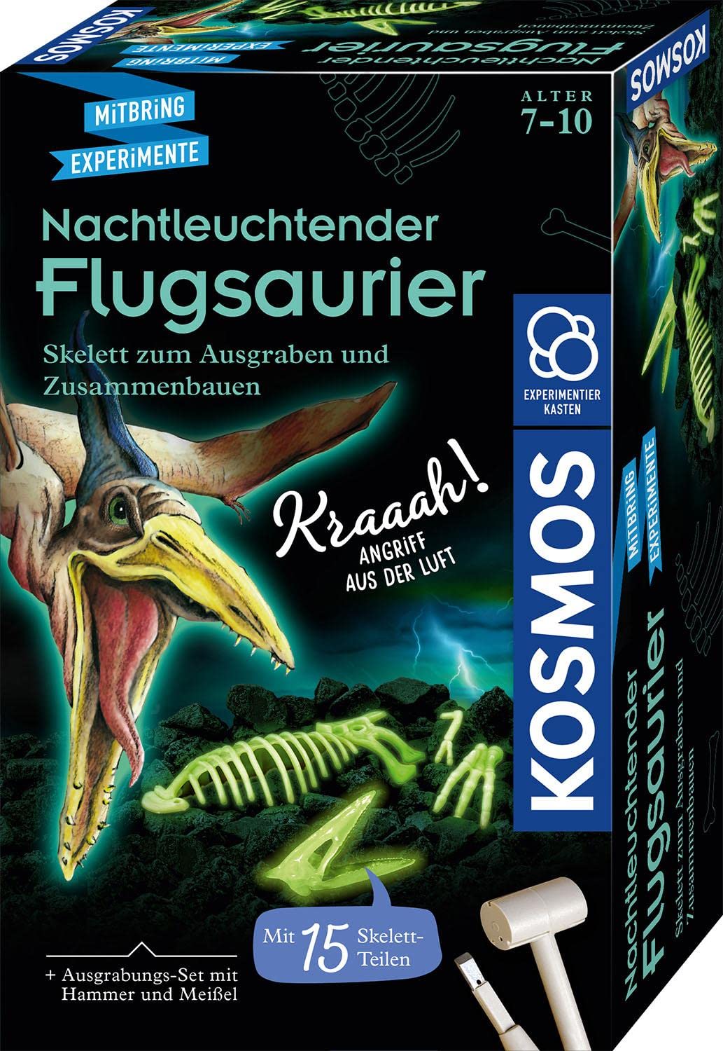 KOSMOS 636166 Glow-in-the-Dark Pterosaur, Skeleton for Digging and Assembly, Complete Set with Hammer and Chisel, Experiment Box for Children from 7 Years and Dino Fans, Birthday Gift