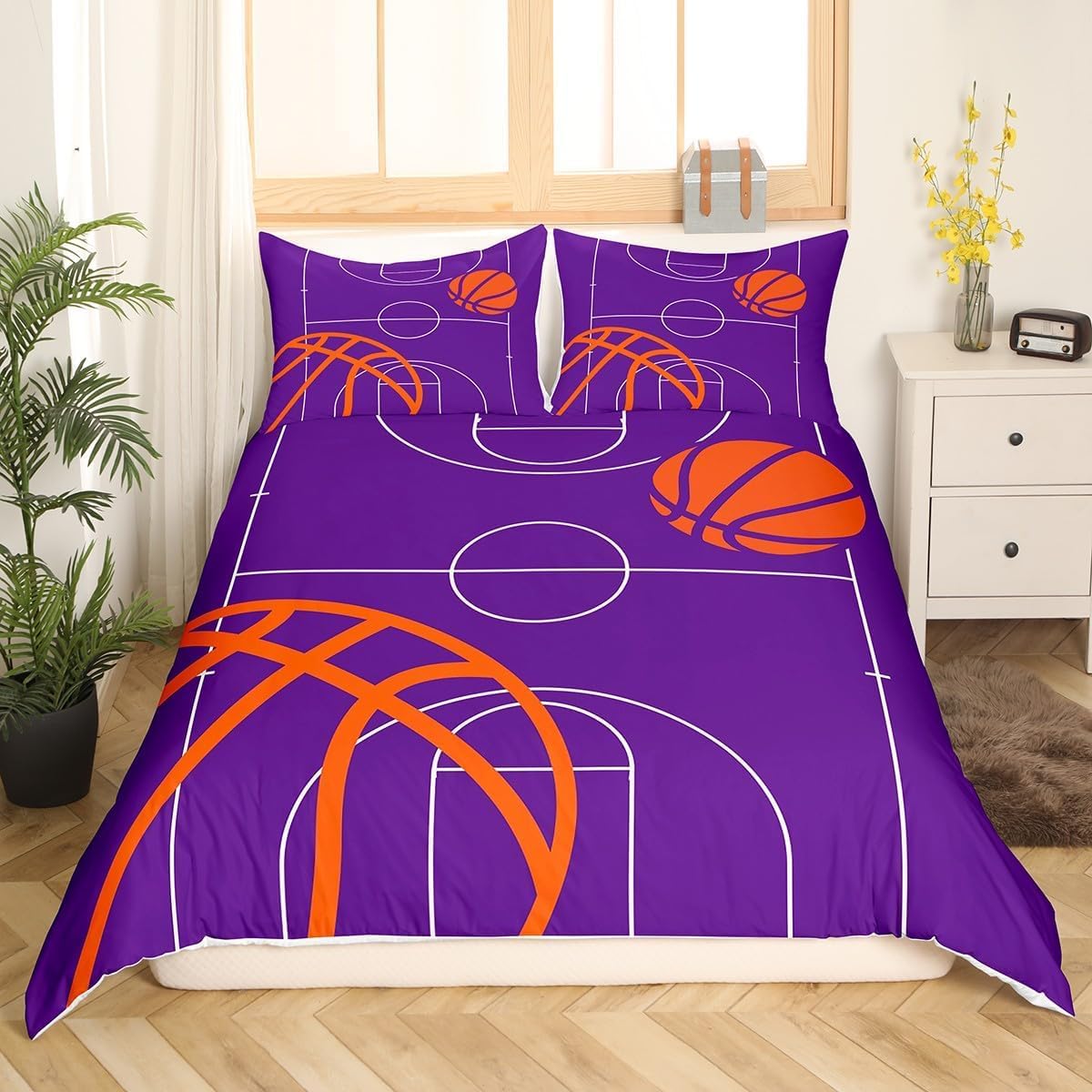 Poszwa na kołdrę 90 Koszykówka 3D Poszwa na kołdrę Boisko do koszykówki Fioletowy 150 x 220 cm, lekka i wygodna pościel z mikrofibry z zamkiem błyskawicznym i 2 poszewkami na poduszki Łatwa w