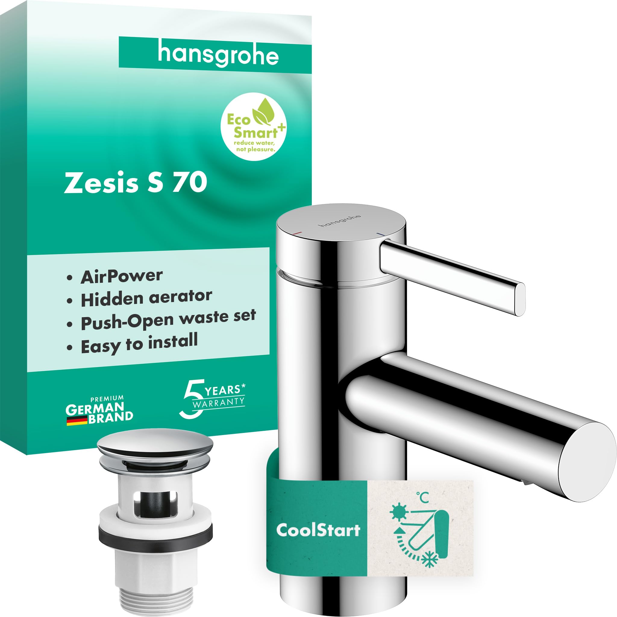 hansgrohe Zesis S, Bathroom tap with Push-Open Waste Set, Energy-Saving (CoolStart)