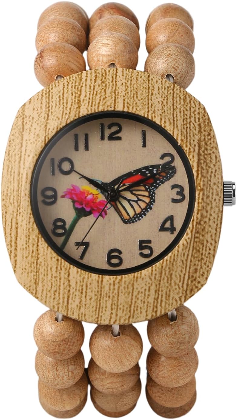 JewelryWe Women Wooden Bead Watch Butterfly Dial Analog Quartz Wristwatch