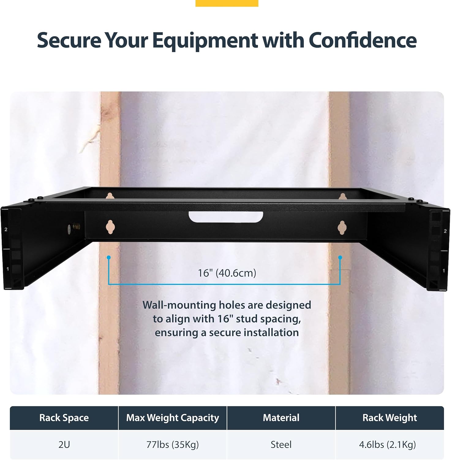 StarTech.com 2U Wall Mount Network Rack - 14 in Deep (Low Profile) - 19" Patch Panel Bracket for Shallow Server, IT Equipment, Network Switches - 77lbs/35kg Weight Capacity, Black (RACK-2U-14-BRACKET)