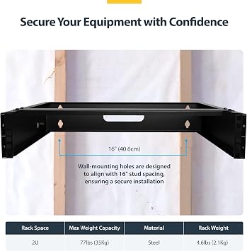 2U Wall Mount Network Rack - 14 in Deep (Low Profile) - 19 Patch Panel Bracket for Shallow Server, IT Equipment, Network Switches - 77lbs/35kg Weight Capacity, Black (RACK-2U-14-BRACKET)