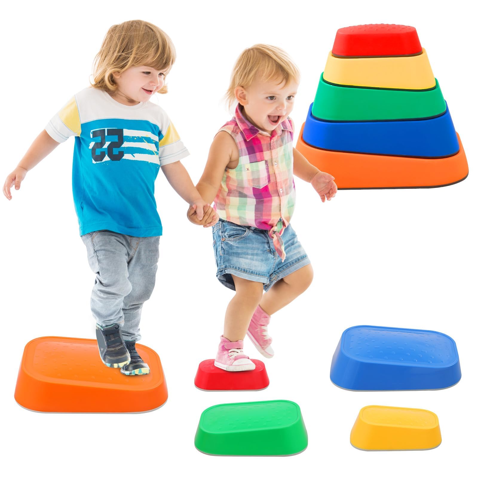 Stepping Stones for Kids, Stackable Balance Stepping Stone, 5Pcs Non-Slip Plastic Balance River Stones Indoor & Outdoor,Kids Fitness Equipment Promotes Balance Coordination