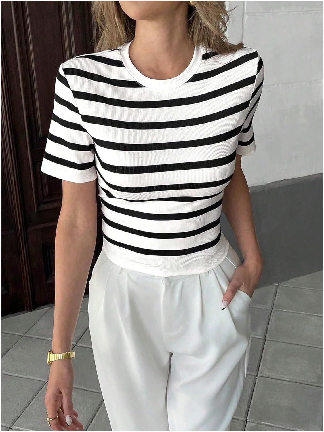 SweatyRocks Women's Striped Tee Shirts Short Sleeve Crew Neck Ribbed Knit Casual Crop Tops - Image 4