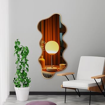 Irregular Wall Mirror Wavy Asymmetrical Shaped Aluminum Alloy Framed Big Unique Full Length Mirror for Living Room Bathroom Bedroom Entryway Fireplace Gold, 47"x21"