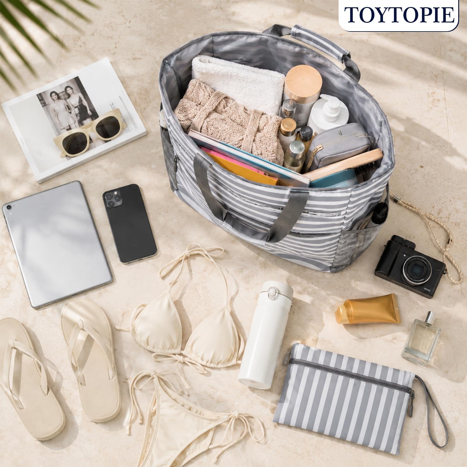 Borsa Mare Grande XXL Famiglia, Borsa Spiaggia Donna Impermeabile con Chiusura a Zip e Tasche, Borsa Mare in Tela Resistente con Pochette, Ideale per Piscine, Vacanze e Viaggio