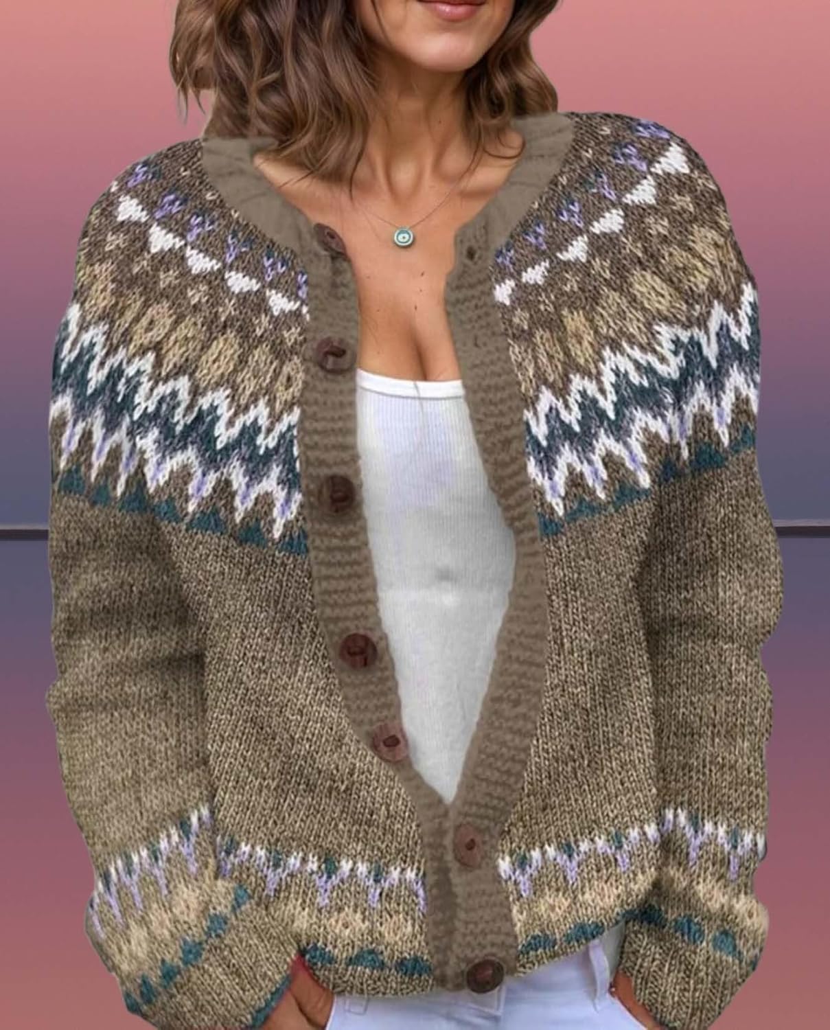 Women's Fair Isle Pattern Knit Cardigan Sweater Vintage Button Down Open Front Jacket Coat for Fall & Winter 2025 - Image 5