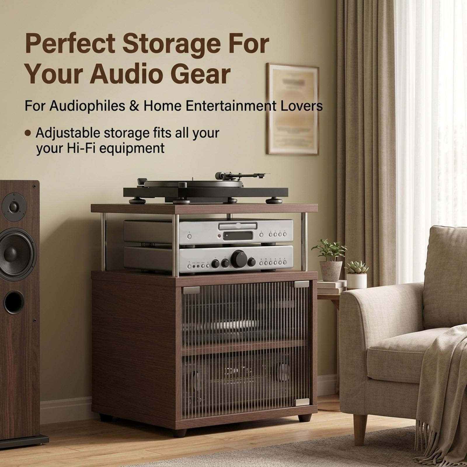Massivholz Hifi Rack mit Dämpfungsfüßen, 3/4 Ebenen Schallplattenregal