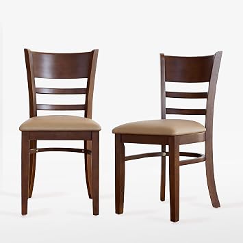 Livinia Cabin Dining Chair Set of 2, Solid Malaysian Oak PU Leather Upholstered Cushion Seat Wooden Ladder Back Side Chairs Walnut Assembly Required