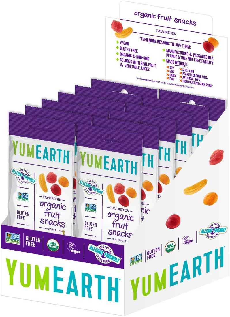 YumEarth Organic Fruit Snacks,Fruit Flavored Snack Packs, Allergy Friendly, Gluten Free, Non-GMO, Vegan, No Artificial Flavors or Dyes 2oz (Pack of 12)
