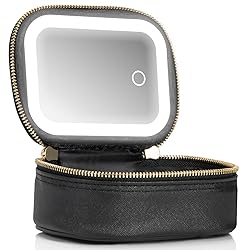 Small Makeup Bag with Led Mirror, Mini Travel Make up Bag 3 Light Modes Adjustable Brightness, for Women Organizer Cosmetic Bag, Portable Travel Train Toiletry Bag, for Pool Parties Work Touch-Ups