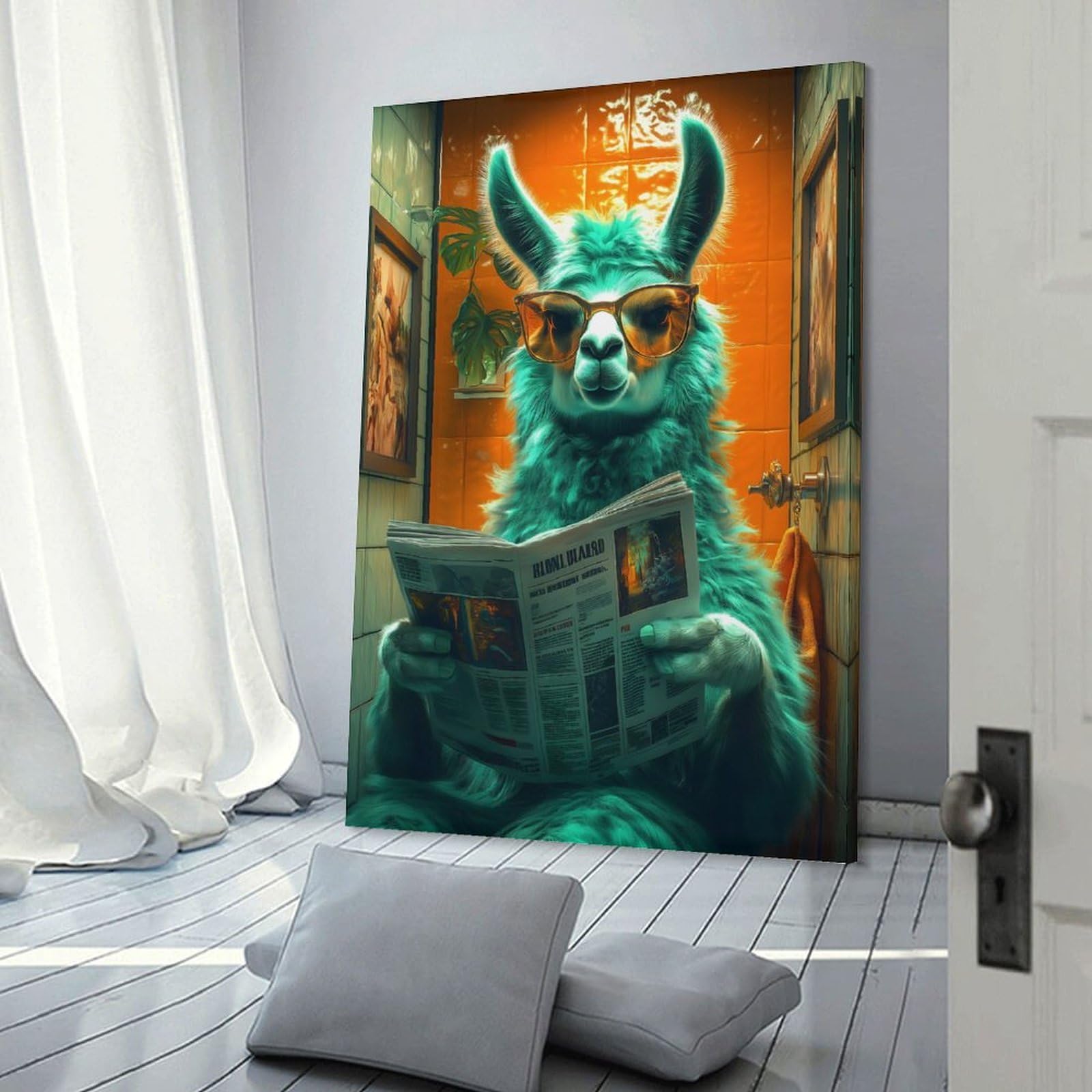 Junmoney Llama Reading Newspaper in Bathroom Canvas Art Print 16x24inch(40x60cm), for New Homes, Bedrooms Or Workspaces, Gift Idea for Housewarming And Birthdays