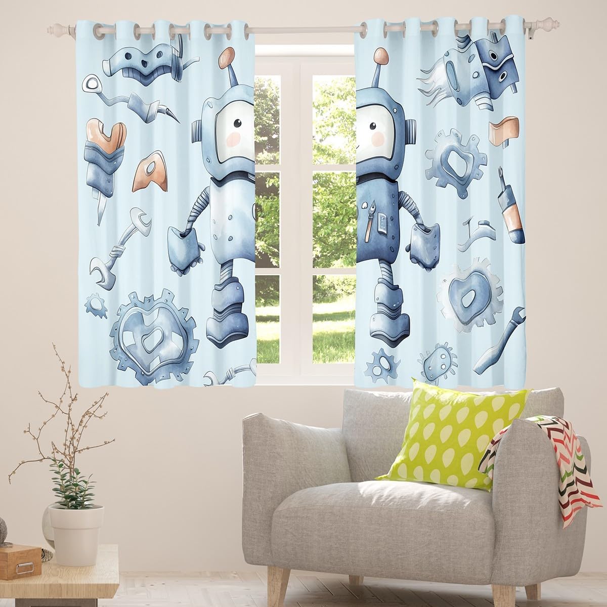 Manfei Cartoon Robot Kids Blackout Curtain,Cute Intelligent Toys Theme Window Drapes for Boys Girls,Modern Equipment Mechanical Tools Blue Window Treatments Grommet Top 2 Panel Set,38Wx54L inch image 4
