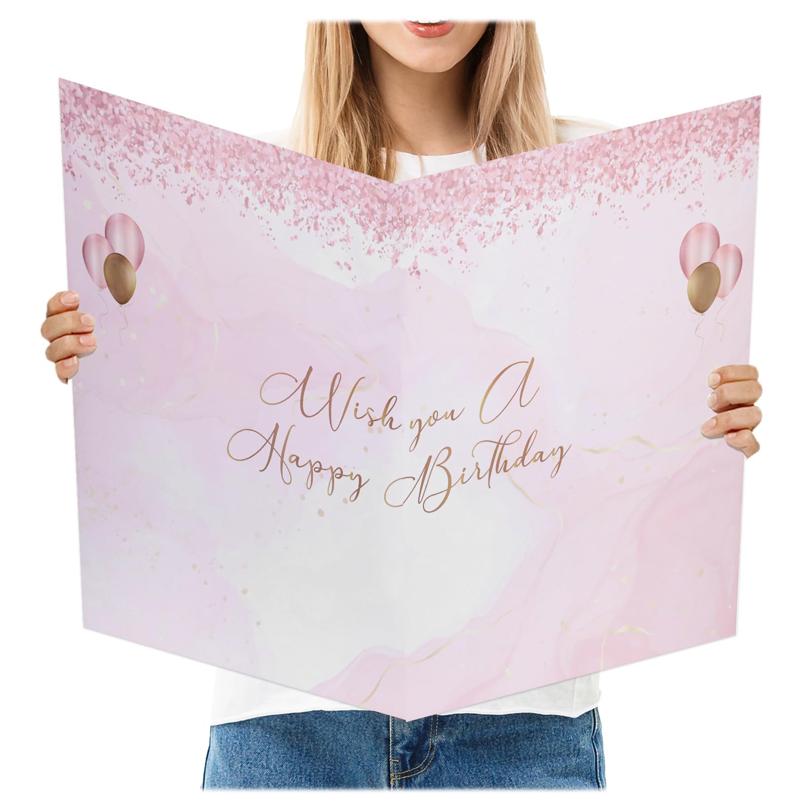 Jumbo Birthday Card, 14.2 x 22 Inch Guest Book Giant Happy Birthday Card for Men Woman, Oversize Message Notes Gift Decorations for Friends Parents Party Greeting Supplies (Pink)