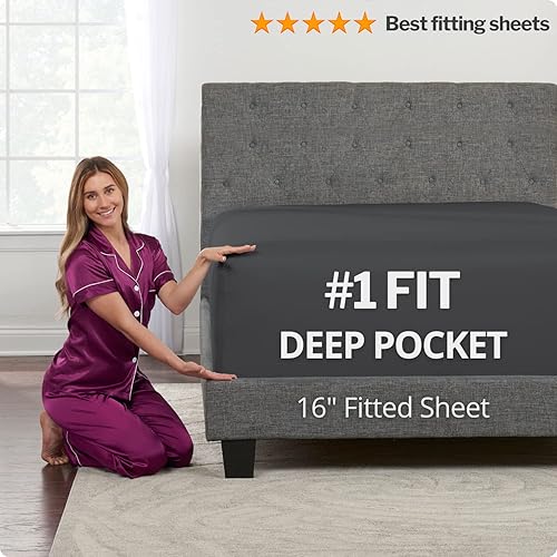 Miniatura 168 de Juego de sábanas de tamaño matrimonial – Juego de sábanas de bolsillo profundo – Juego de 4 piezas con sábana bajera de 21 pulgadas, sábana encimera