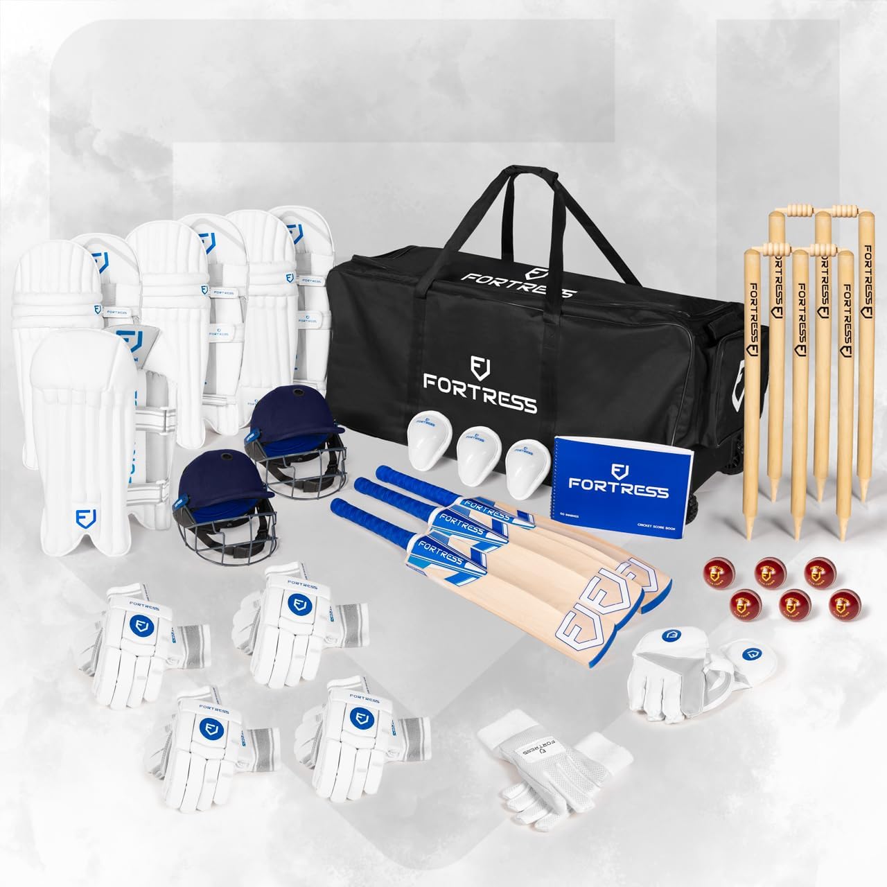 FORTRESS Cricket Team Kit Bundle | Premium Cricket Equipment Set with Kashmir Willow Bats, Protective Gear, Helmets, Stumps, Balls, & More – Ideal for Clubs, Schools, & Teams