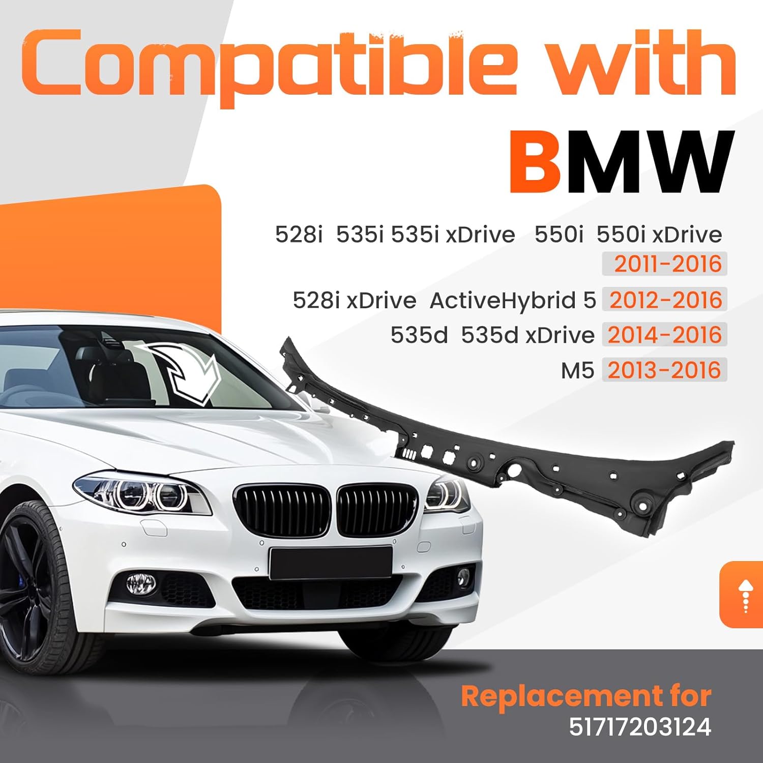 Windshield Wiper Cowl Panel Grille Compatible with 2011-2016 BMW 528i 535i/d 550i M5 ActiveHybrid 5 Replace for 51717203124 Air Inlet Window Cover Plastic(PP)