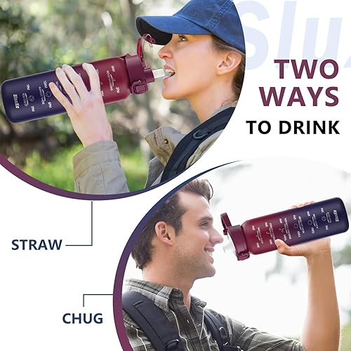 Miniatura 7 de Botella de agua aislada de 32 onzas con 2 tapas (tapa de popote y tapa de boquilla), botella de agua de doble pared de 1 litro con marcador de