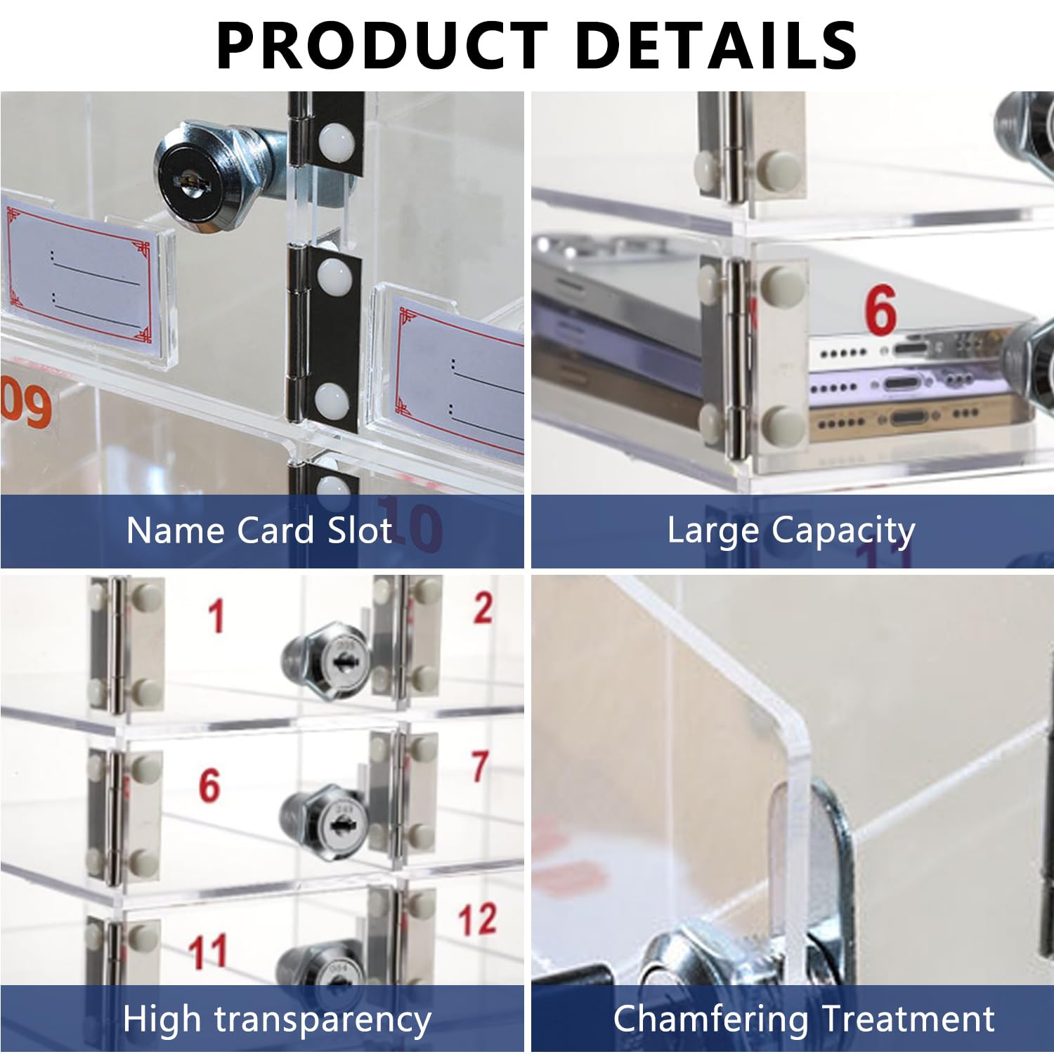 Taquilla para Guardar Móviles, 10 Compartimentos Acrílico Caja Almacenamiento Personal, Caja Móviles con Cerradura Llave, Armario de Pared con Ranura Tarjetas, para Aulas y la Fábrica